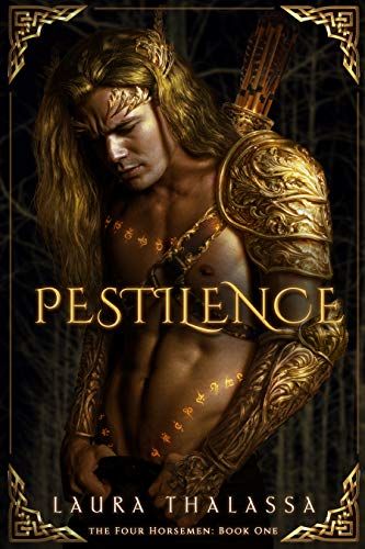 Book cover for Pestilence by Laura Thalassa. Shows man in golden armor looking down. Laura Thalassa Four Horsemen. 