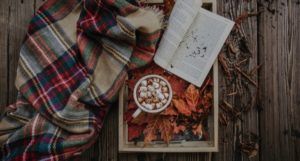 autumn or fall leaves with open book cocoa and blanket