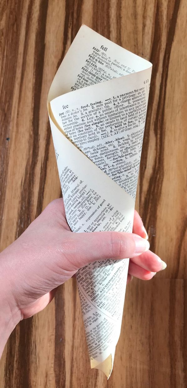 Picture of a hand holding a rolled up dictionary page in the shape of a cone