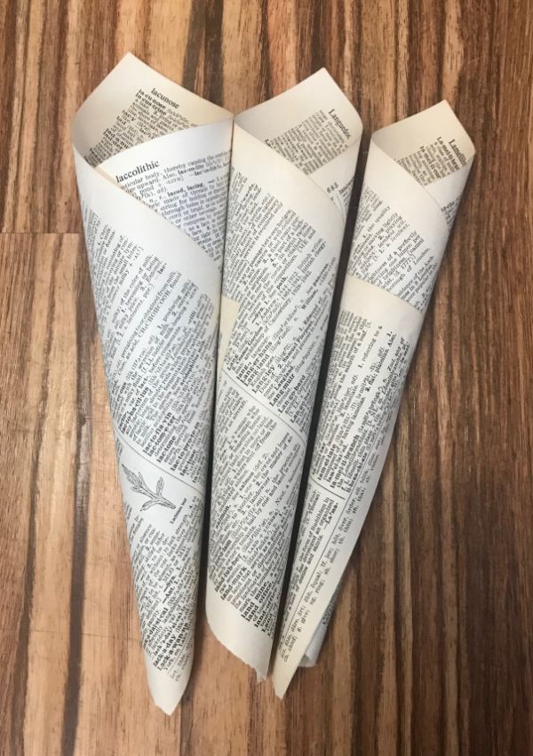 A picture of 3 dictionary pages rolled into cones in 3 different sizes