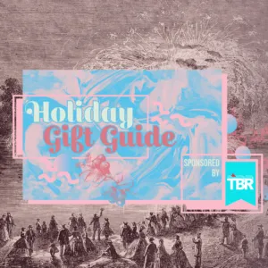 a collage, primarily in pinks and blues, featuring a background of an old fashioned woodcut print of spectators watching fireworks over a river; superimposed on top are some holly berry branches
