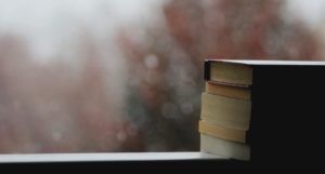 image of a pilot of books perched on a ledge with a blurry rainy/snowy landscape in the background https://unsplash.com/photos/3vZ3V6JUDT0