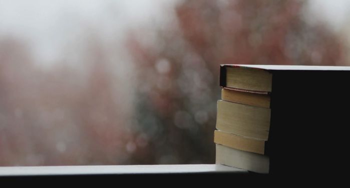 image of a pilot of books perched on a ledge with a blurry rainy/snowy landscape in the background https://unsplash.com/photos/3vZ3V6JUDT0