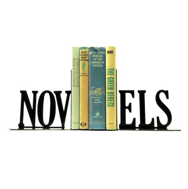 metal bookends that spell out "novels"