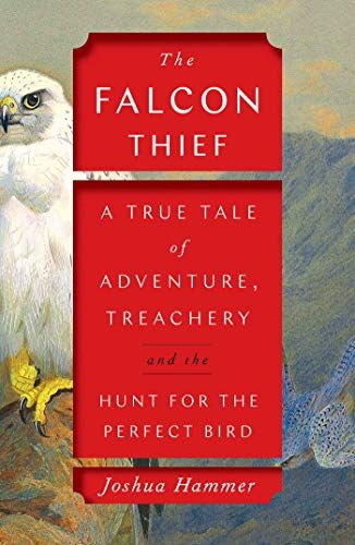 cover of The Falcon Thief: A True Tale of Adventure, Treachery, and the Hunt for the Perfect Bird by Joshua Hammer; painting of a white falcon against blue mountains