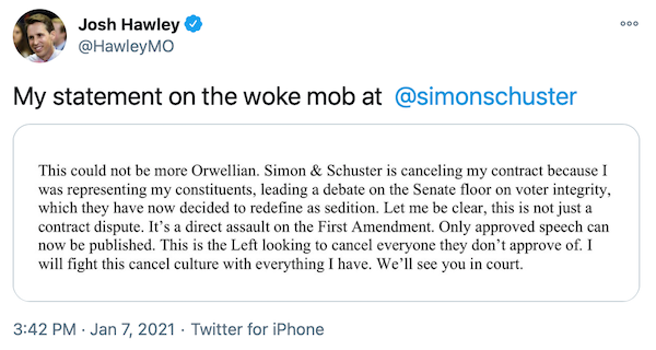 Declaração de Josh Hawley no Twitter em resposta ao cancelamento do contrato do livro