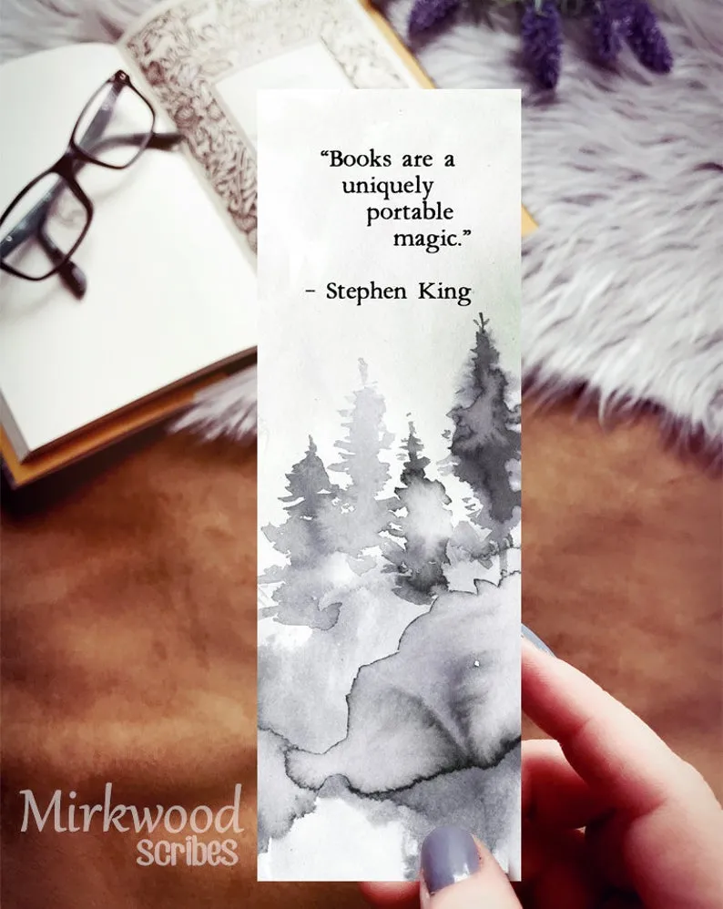 Forest watercolor bookmark with the Stephen King quote: 