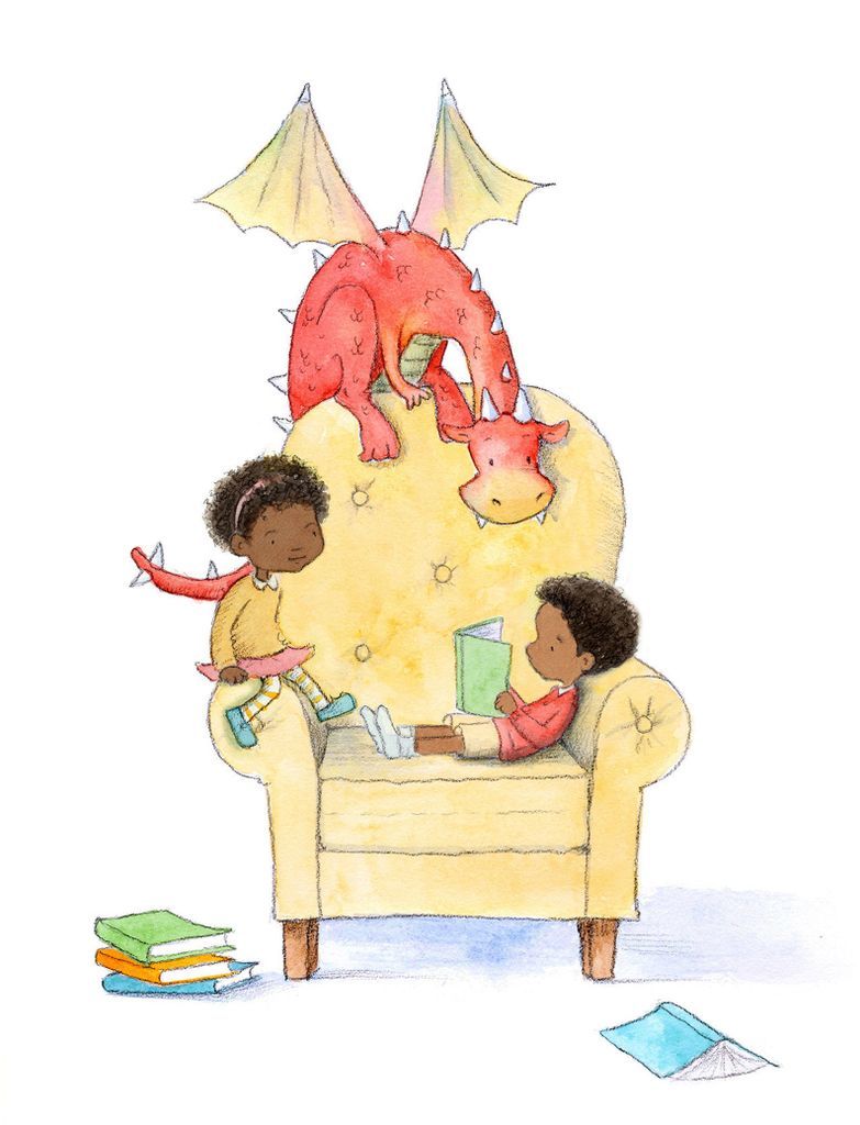 An art print of a dragon reading with children