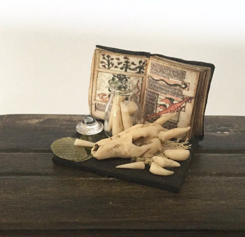 A tiny sculpture of a dragon skull beside an upright open spell book and some jars of ingredients