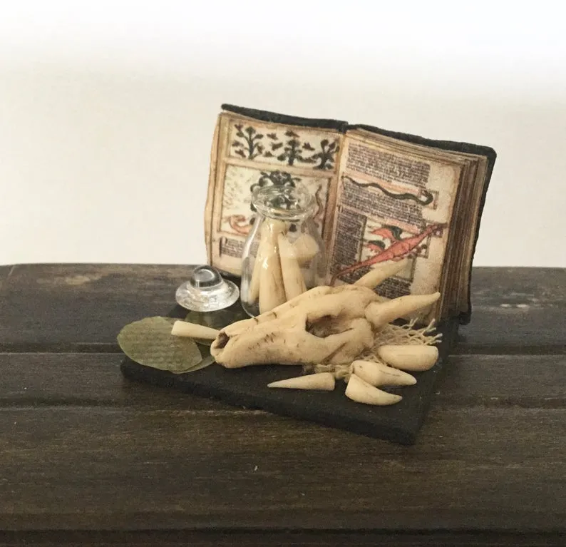 A tiny sculpture of a dragon skull beside an upright open spell book and some jars of ingredients