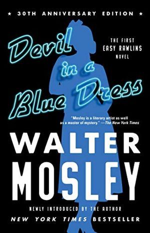 cover image of Devil in a Blue Dress by Walter Mosley, a black cover with a blue outline of a woman in the center
