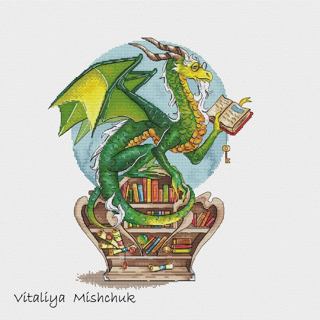 Cross-stitch pattern of a dragon reading, perched on a bookcase