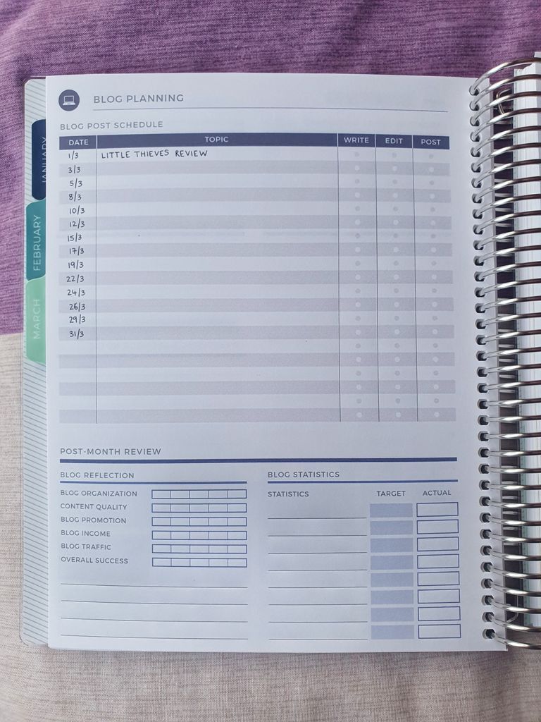 Plum Paper Planner Blogging Insert, titled Blog Planning, then Blog Post Schedule. There is a spot for a date, topic, and then checkboxes for write, edit, and post. At the bottom of the page is the Post-Month Review with spots for stats, rating overall success, and more.