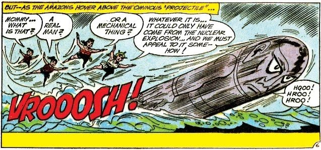 A panel showing a bullet-shaped humanoid in the sky, with the Wonder family in pursuit. Queen Hippolyta says "It could only have come from the nuclear explosion! ... And we must appeal to it somehow!" The projectile says "Hroo! Hroo! Hroo!"