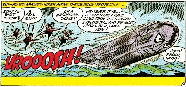 A panel showing a bullet-shaped humanoid in the sky, with the Wonder family in pursuit. Queen Hippolyta says "It could only have come from the nuclear explosion! ... And we must appeal to it somehow!" The projectile says "Hroo! Hroo! Hroo!"
