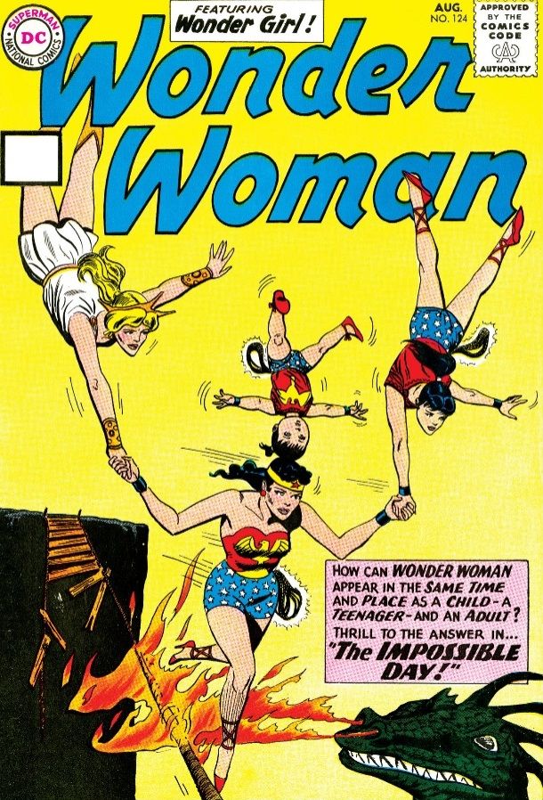 The cover of Wonder Woman #124, showing Wonder Woman on a tightrope balancing her teenage, child, and adult selves on her head and hands. The text reads "How can Wonder Woman appear in the same time and place as a child, a teenager, and an adult? Thrill to the answer in... THE IMPOSSIBLE DAY!"