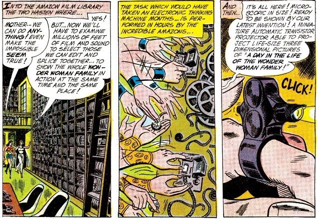 Three panels from the comic, showing Wonder Woman and her mother creating a portable projection machine and splicing together home movies.