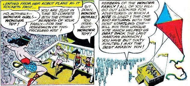 Two panels showing the Wonder family competing in a contest for a giant kite.