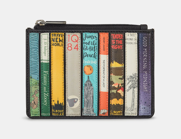 image of a black leather purse with appliqué images of classic book spines