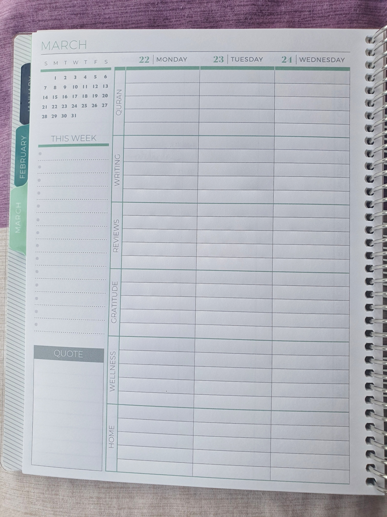 Plum Paper Planner Internal Layout. Each day has its own column, and the page is divided into rows labelled "Quran, Writing, Reviews, Gratitude, Wellness, and Home"