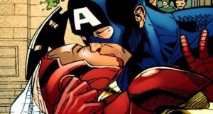 captain america and iron man kissing on their wedding day