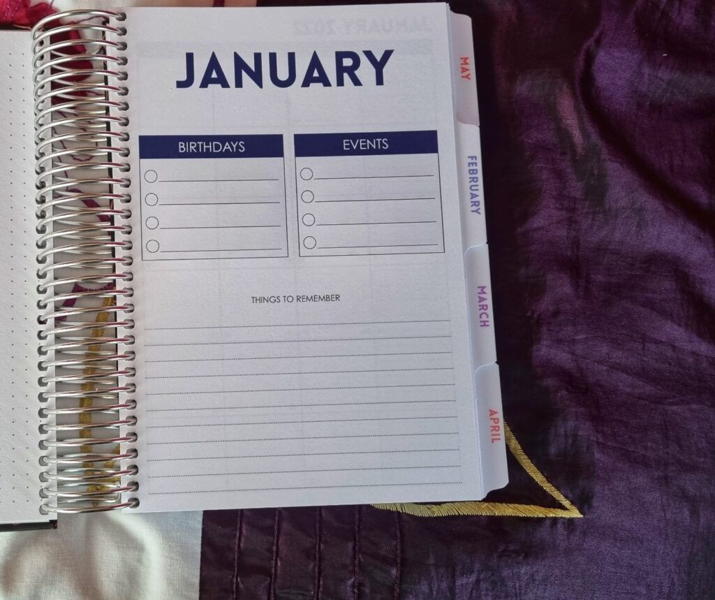 PurpleTrail Planner page labelled January with spots for birthday, events, and things to remember.