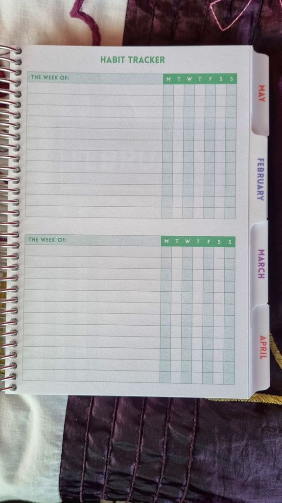 Habit tracker, with rows to label habits and check boxes for each each of the week