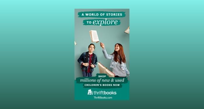 two teenagers admiring several books suspended in midair. Text reads "A world of stories to explore" and "shop millions of new and used children's books now" and "thrift books." Background is a gradient of green shades.