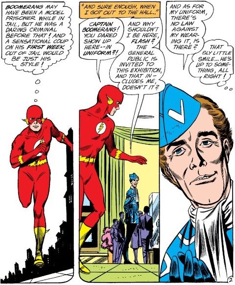 From The Flash #124. Flash suspects that the recently-released Captain Boomerang is probably up to no good. He follows Boomerang to a museum, where Boomerang insists he is within his rights to do so.