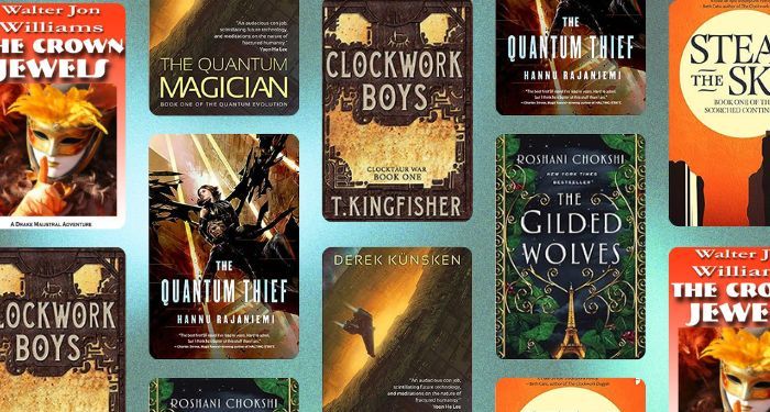 collage of book covers of SFF heist books