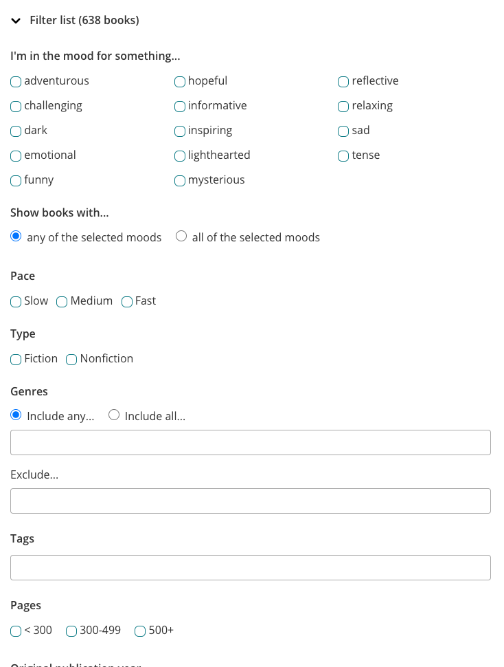 A screenshot of StoryGraph's filter list, including a section reading "I'm in the mood for something... adventurous, challenging, hopeful, etc"