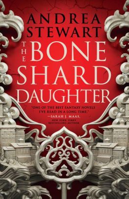 cover of The Bone Shard Daughter by The Bone Shard Daughter: ornate cream-colored stone work around the edges of the page against a red background