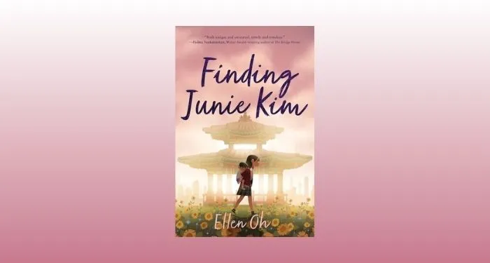 cover image of Finding Junie Kim by Ellen Oh against a white and rose gradient backdrop