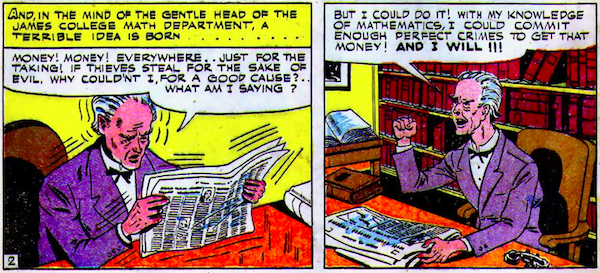 2 panels of Professor Million reading the paper and deciding to do crime.