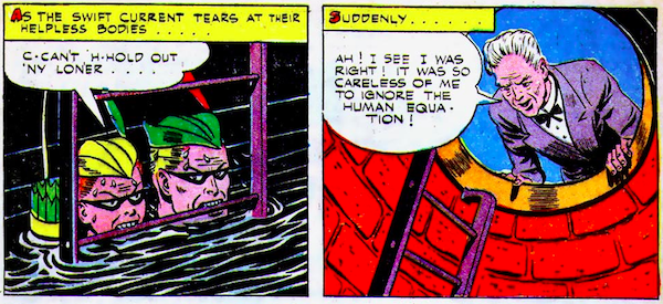 Speedy and Green Arrow hold onto a ladder with their teeth as water raises to chin level. The next panel shows Million saying, 