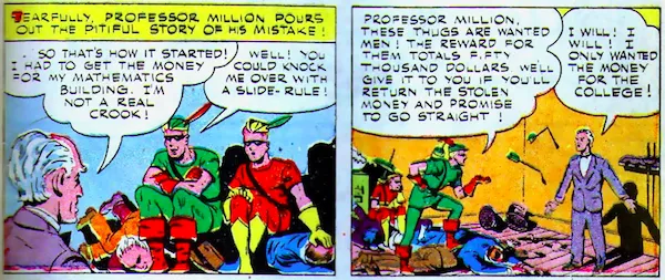 Two panels of Million explaining himself and Green Arrow offering him the money.