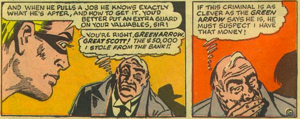 Two panels showing Mr. Powers thinking about his stolen 50 thousand dollars and whether Professor Million suspects him.