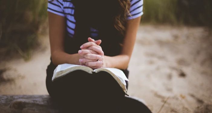 image of a person sitting on a log with their hands folded in an open book in their lap