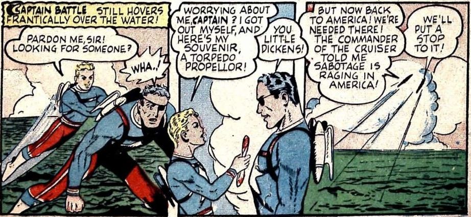 Captain Battle's sidekick, Hale, playfully sneaks up behind him as they hover over the ocean on jetpacks. They both race away toward the horizon as Battle says, "The commander of the cruiser told me sabotage is raging in America!"