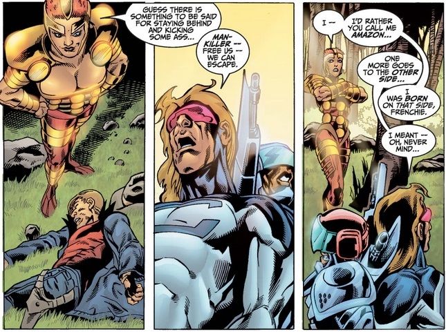 From Thunderbolts #71. Amazon stands triumphant over the villains she beat up. One of the villains remarks that she has gone 