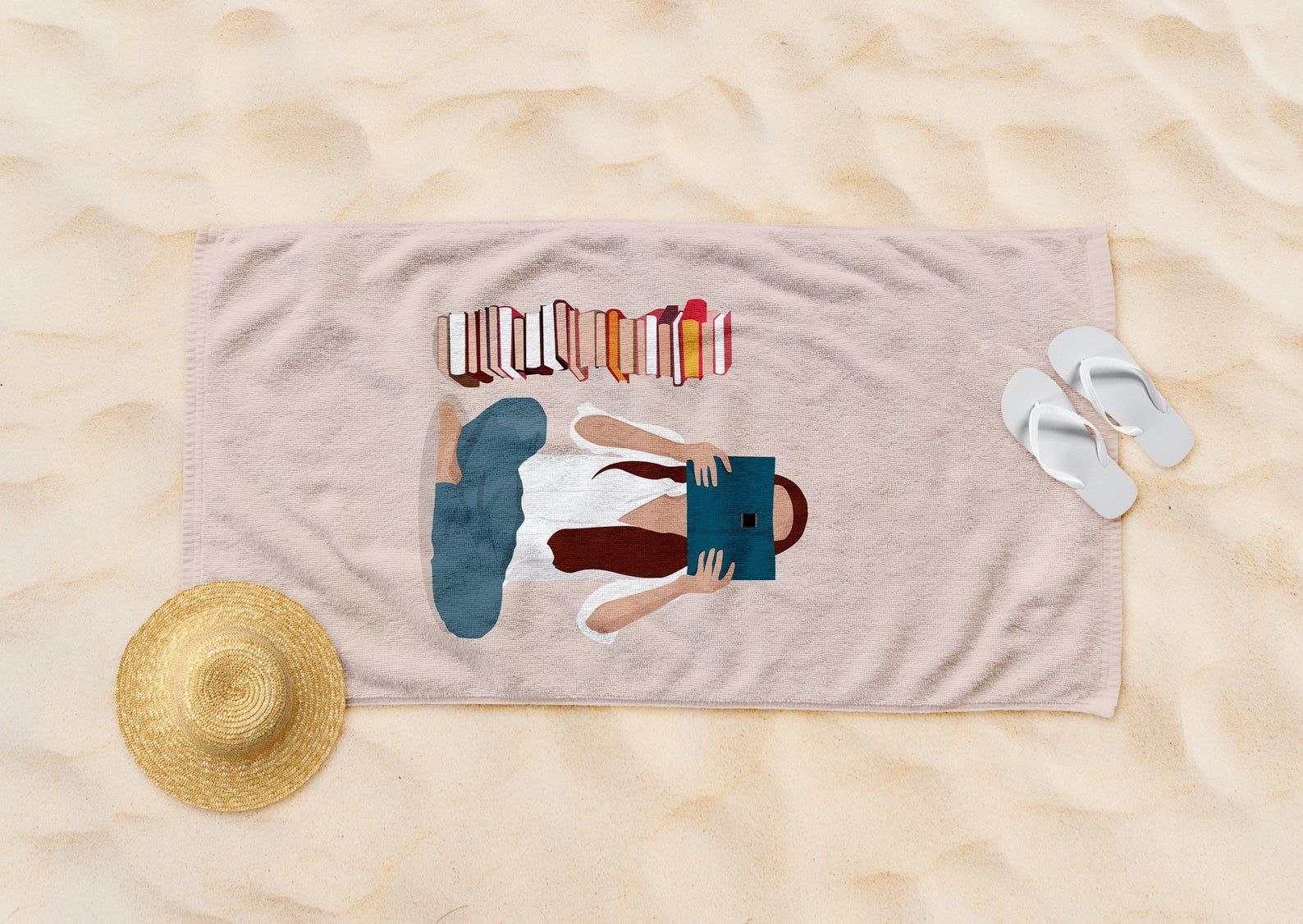 Towel with a pile of books print on it