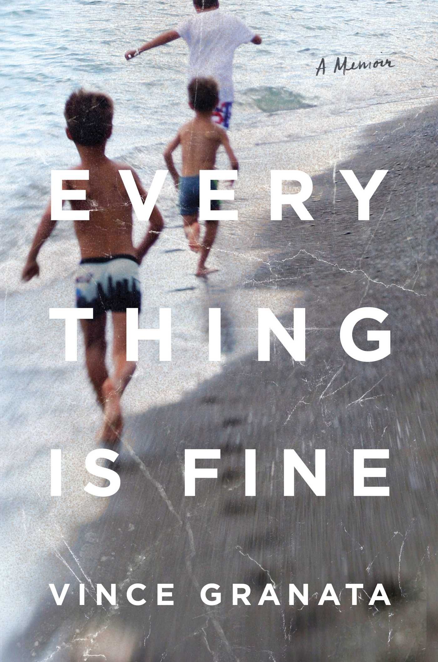 Cover of the book Everything is Fine by Vince Granata: two boys in swimming trunks running along a beach