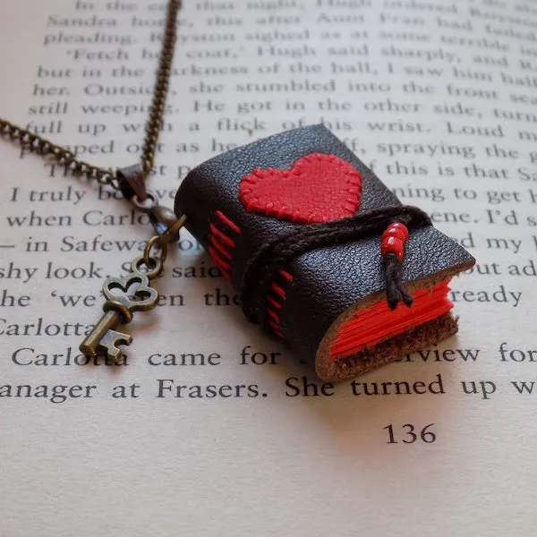 mini leather book with red heart necklace