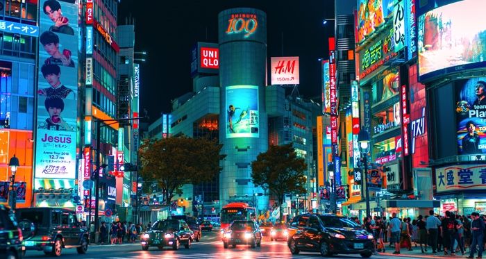 street view of shibuya japan at nighttime