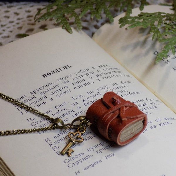 tiny red leather journal necklace