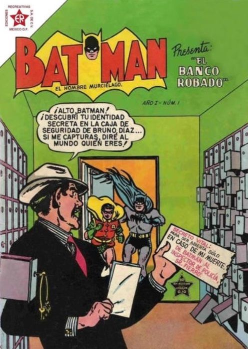 Batman and Robin race into a room of security deposit boxes. A man in a suit is there, holding a letter that divulges Batman's secret identity.