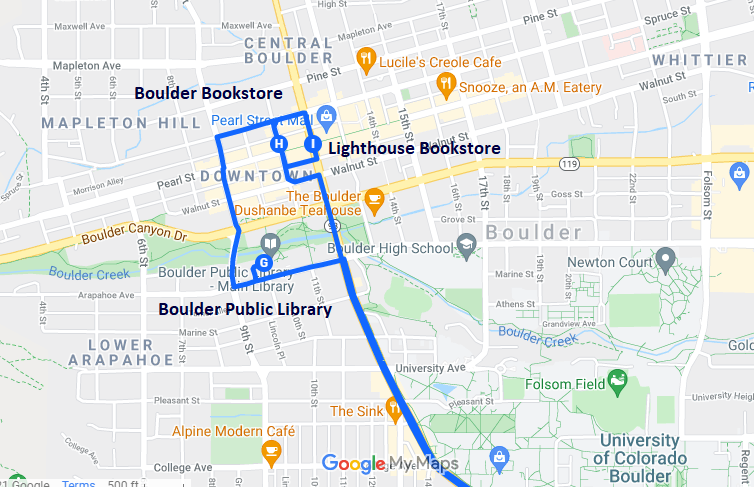 Map of bookish destinations in Boulder, Colorado
