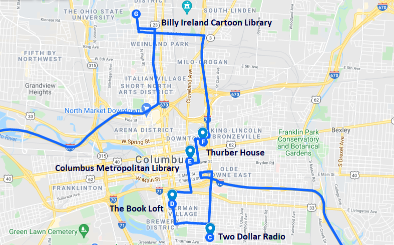 Google Map of literary destinations in Columbus Ohio