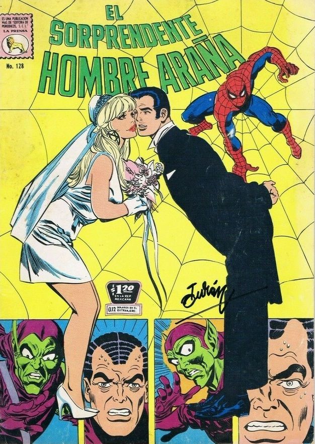 Peter and Gwen, both dressed for a wedding, lean in as if to kiss. Below, panels of Green Goblin/Norman Osborn show him in distress.