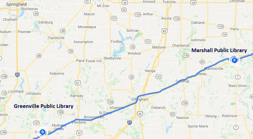 Map of bookish destinations in central Illinois